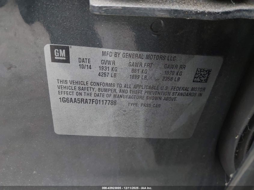 2015 Cadillac Ats Standard VIN: 1G6AA5RA7F0117788 Lot: 43923005