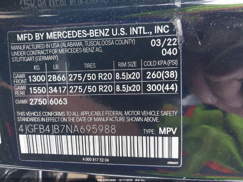 2022 Mercedes-Benz Gle 350 VIN: 4JGFB4JB7NA695988 Lot: 43923008