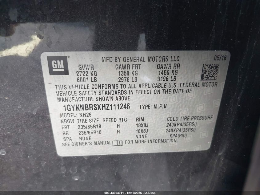 2017 Cadillac Xt5 Luxury VIN: 1GYKNBRSXHZ111246 Lot: 43923011