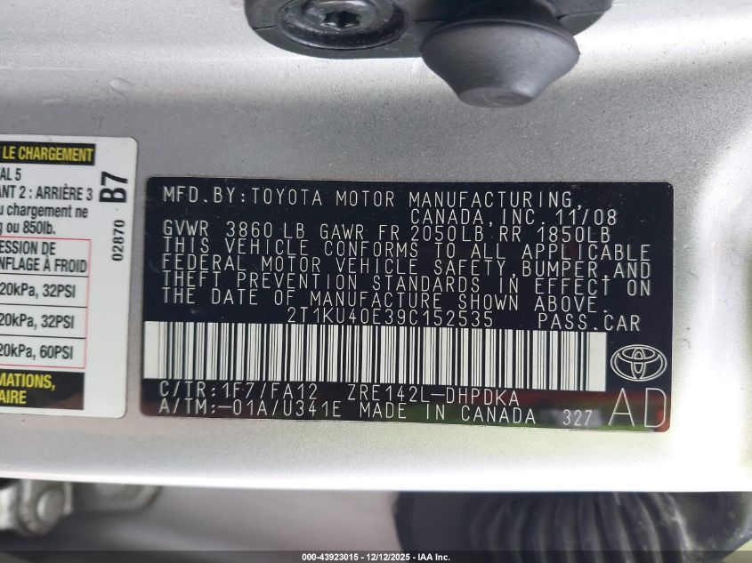 2009 Toyota Matrix VIN: 2T1KU40E39C152535 Lot: 43923015