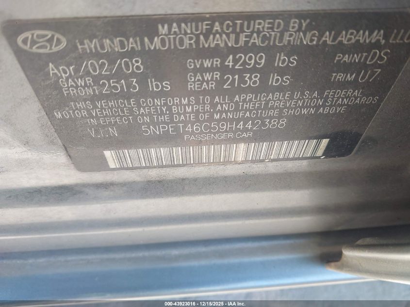 2009 Hyundai Sonata Gls VIN: 5NPET46C59H442388 Lot: 43923016