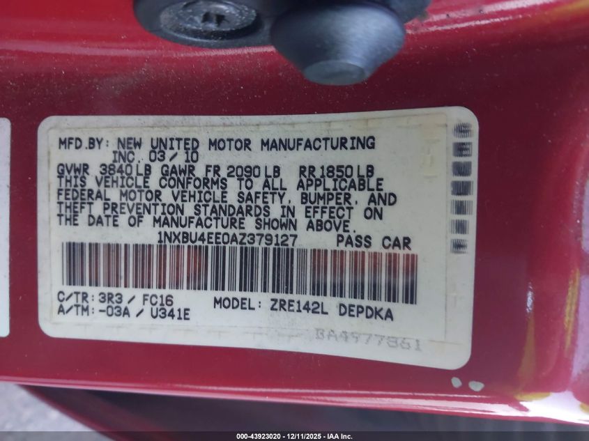 2010 Toyota Corolla Le VIN: 1NXBU4EE0AZ379127 Lot: 43923020