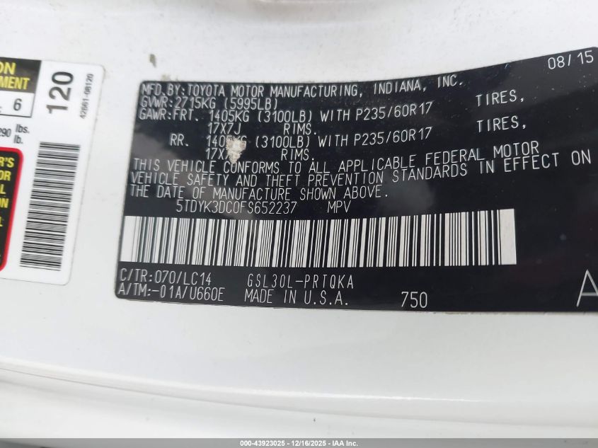 2015 Toyota Sienna Xle 8 Passenger VIN: 5TDYK3DC0FS652237 Lot: 43923025