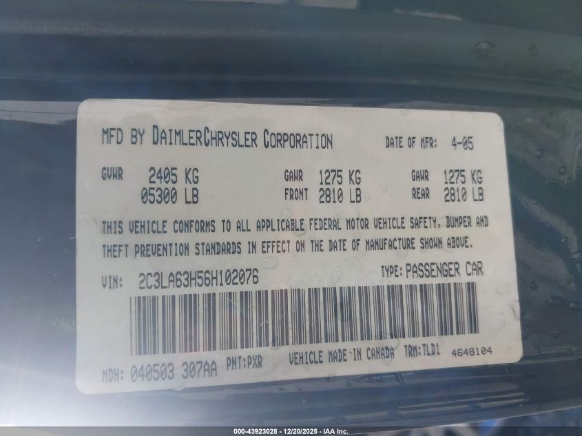 2006 Chrysler 300C VIN: 2C3LA63H56H102076 Lot: 43923028