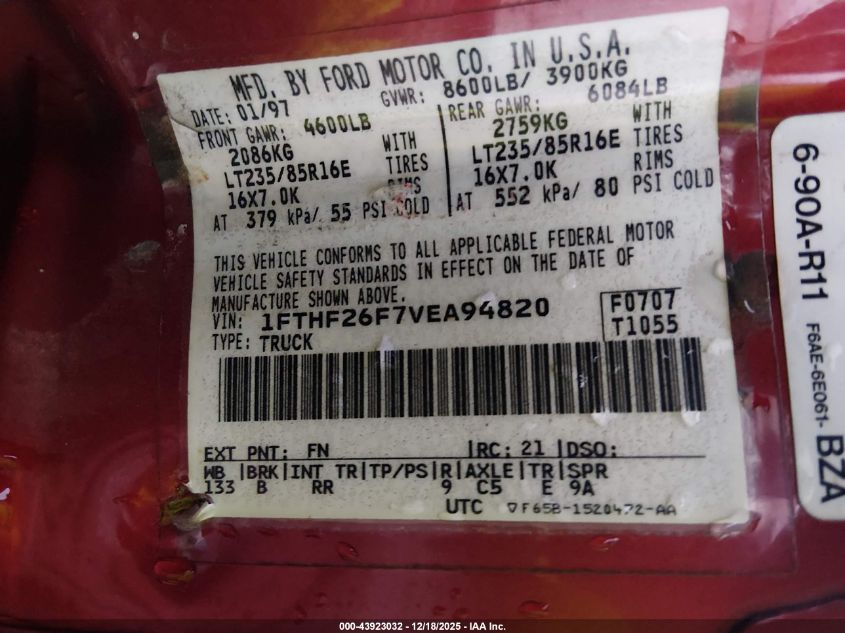 1997 Ford F-250 Xl VIN: 1FTHF26F7VEA94820 Lot: 43923032