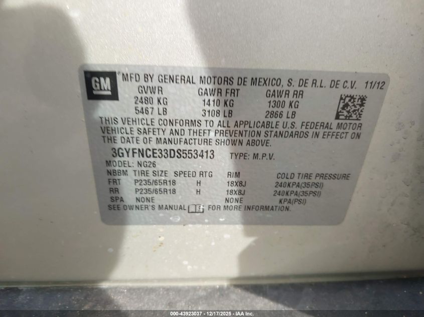 2013 Cadillac Srx Luxury Collection VIN: 3GYFNCE33DS553413 Lot: 43923037