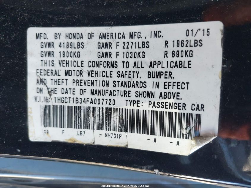 2015 Honda Accord Lx-S VIN: 1HGCT1B34FA007720 Lot: 43923038