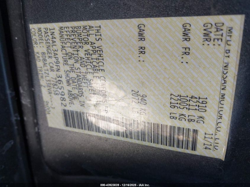 2015 Nissan Altima 2.5 Sl VIN: 1N4AL3AP9FN365982 Lot: 43923039