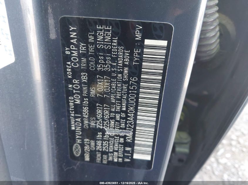 2019 Hyundai Tucson Se VIN: KM8J23A40KU001576 Lot: 43923051