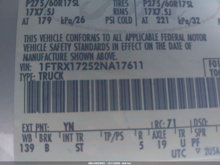 2002 Ford F-150 Xl/Xlt VIN: 1FTRX17252NA17611 Lot: 43923053