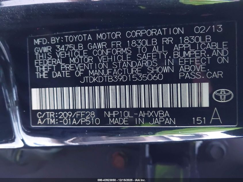 2013 Toyota Prius C Two VIN: JTDKDTB39D1535060 Lot: 43923058