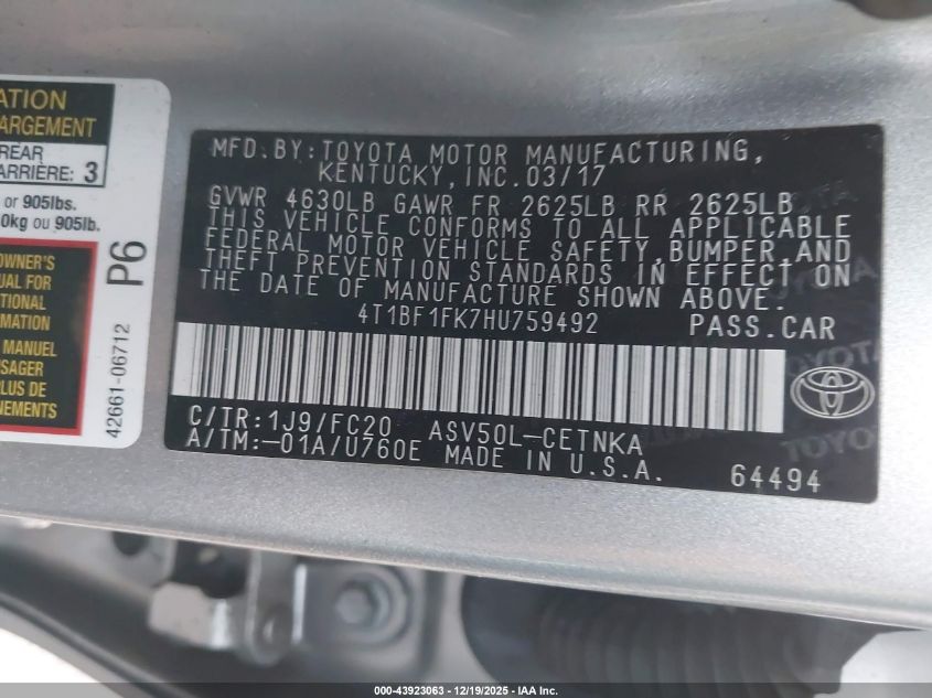 2017 Toyota Camry Le VIN: 4T1BF1FK7HU759492 Lot: 43923063