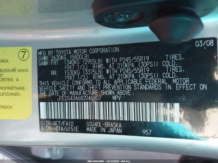 2008 Toyota Highlander Sport VIN: JTEDS43A682046807 Lot: 43923068