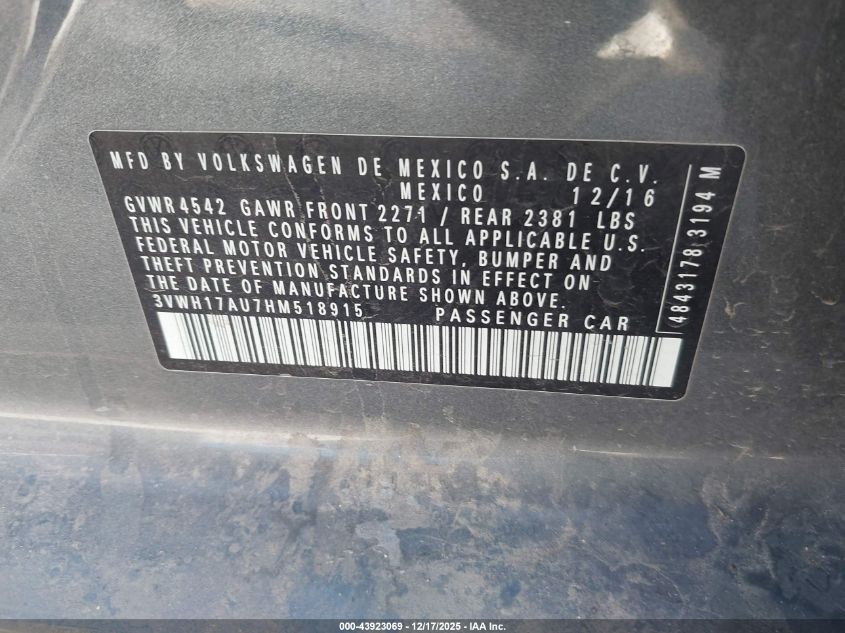 2017 Volkswagen Golf Alltrack Tsi S/Tsi Se/Tsi Sel VIN: 3VWH17AU7HM518915 Lot: 43923069