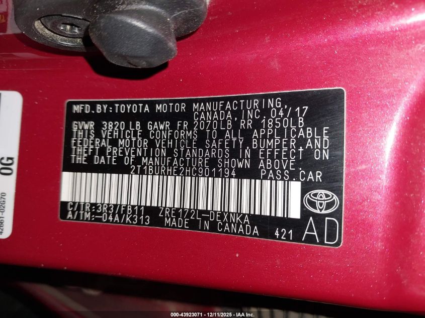 2017 Toyota Corolla Le VIN: 2T1BURHE2HC901194 Lot: 43923071