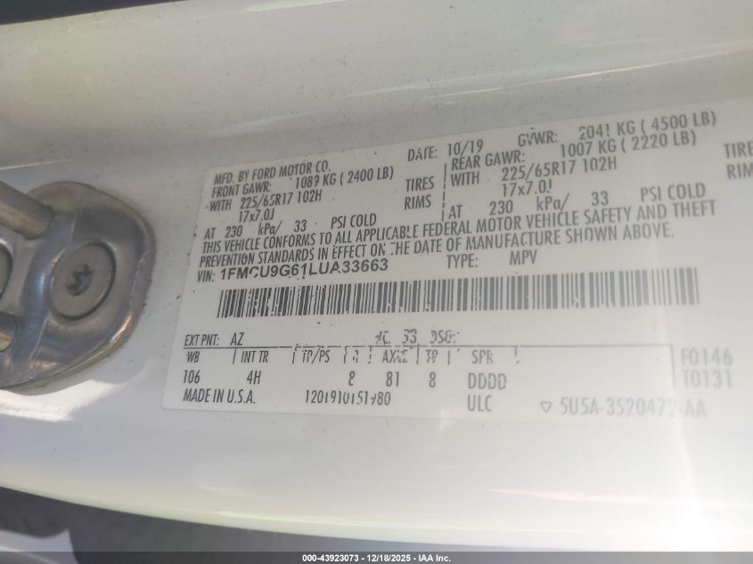 2020 Ford Escape Se VIN: 1FMCU9G61LUA33663 Lot: 43923073