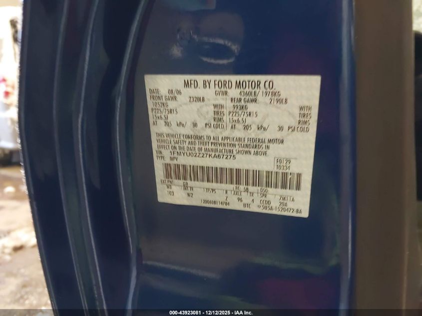 2007 Ford Escape Xls/Xls Manual VIN: 1FMYU02Z27KA67275 Lot: 43923081