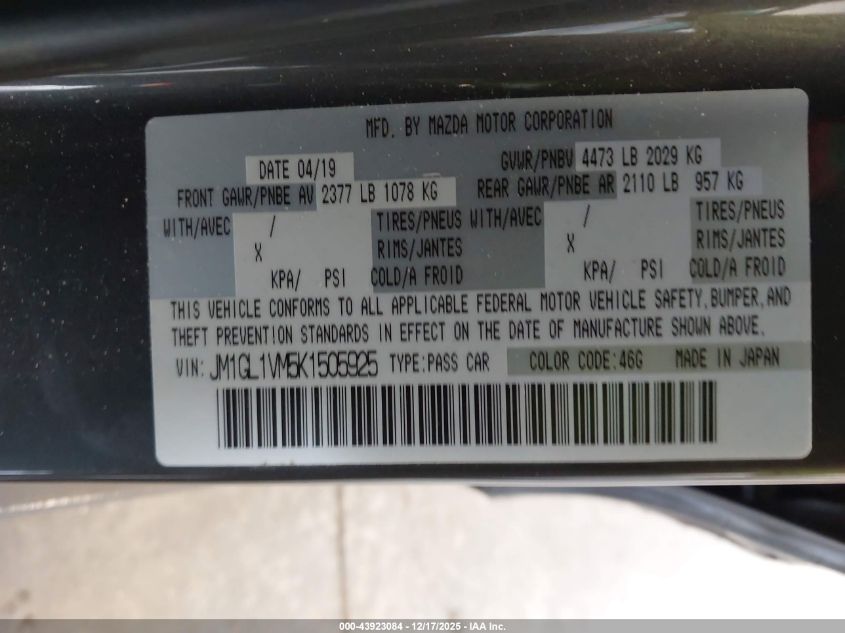 2019 Mazda Mazda6 Touring VIN: JM1GL1VM5K1505925 Lot: 43923084