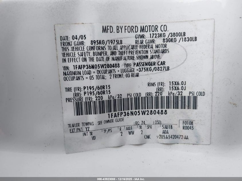 2005 Ford Focus Zxw VIN: 1FAFP36N05W280488 Lot: 43923088