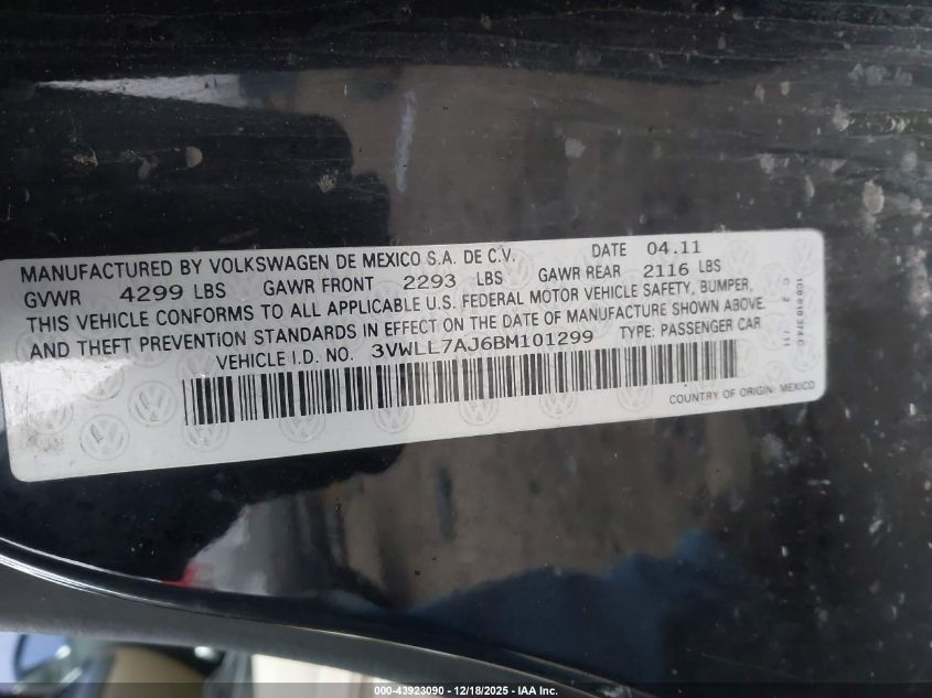 2011 Volkswagen Jetta 2.0L Tdi VIN: 3VWLL7AJ6BM101299 Lot: 43923090