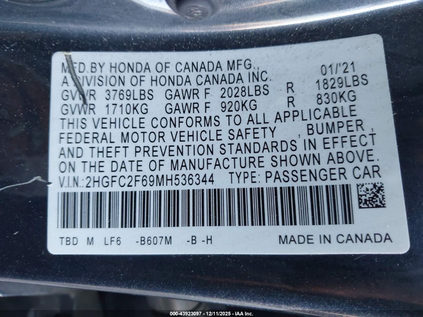2021 Honda Civic Lx VIN: 2HGFC2F69MH536344 Lot: 43923097