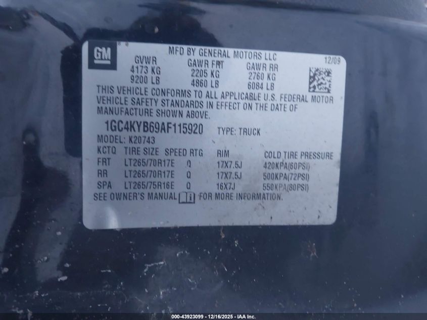 2010 Chevrolet Silverado 2500Hd Ltz VIN: 1GC4KYB69AF115920 Lot: 43923099