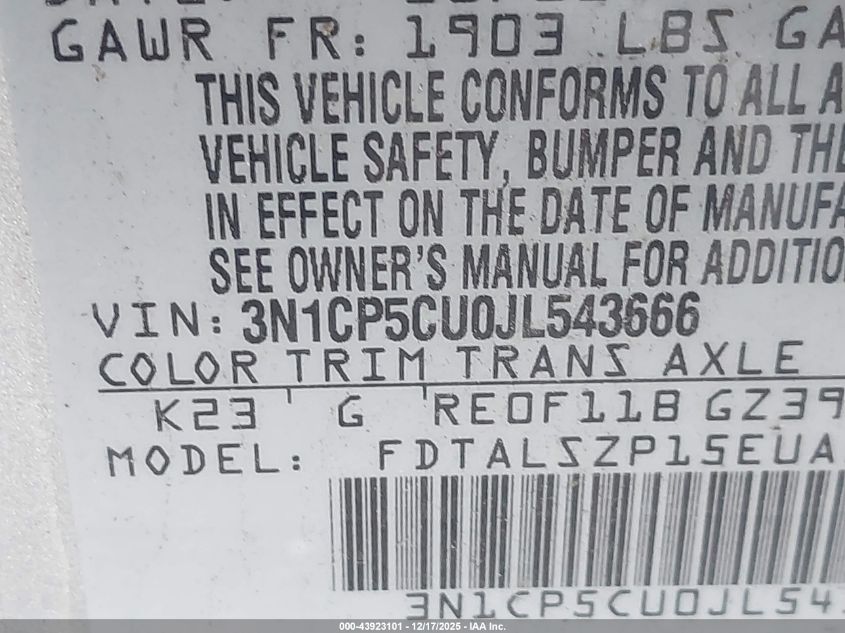 2018 Nissan Kicks Sv VIN: 3N1CP5CU0JL543666 Lot: 43923101