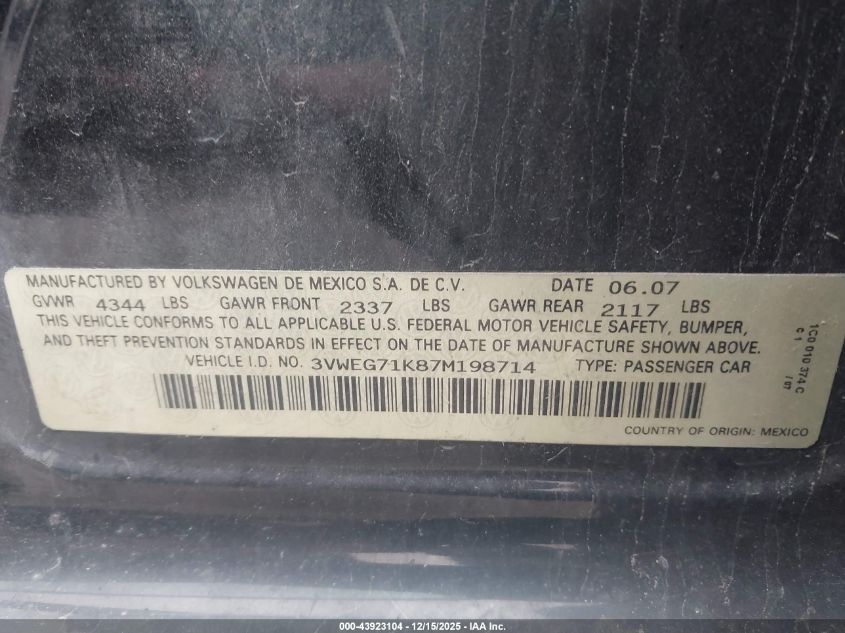 2007 Volkswagen Jetta Wolfsburg Edition VIN: 3VWEG71K87M198714 Lot: 43923104