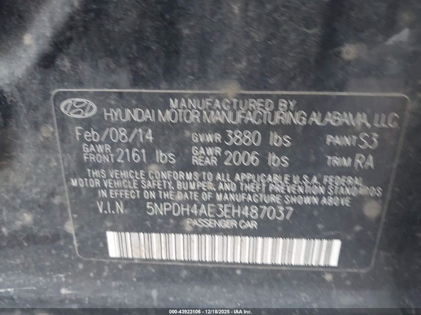 2014 Hyundai Elantra Se VIN: 5NPDH4AE3EH487037 Lot: 43923106