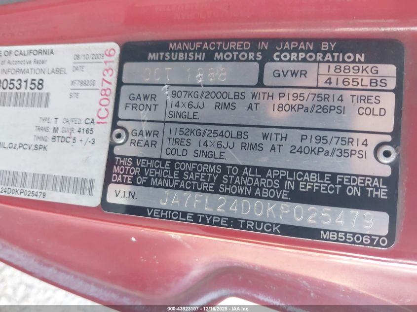 1989 Mitsubishi Mighty Max / S VIN: JA7FL24D0KP025479 Lot: 43923107