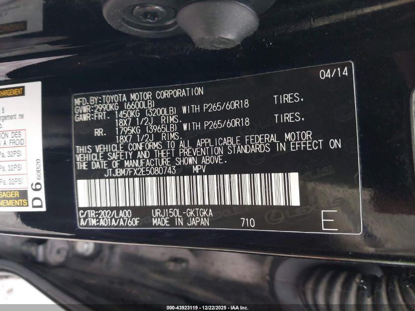 2014 Lexus Gx 460 VIN: JTJBM7FX2E5080743 Lot: 43923119