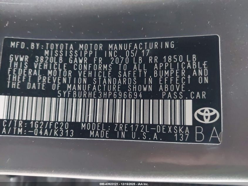 2017 Toyota Corolla Se VIN: 5YFBURHE3HP696694 Lot: 43923121