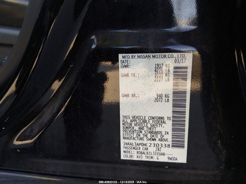 2017 Nissan Altima 2.5 Sl VIN: 1N4AL3AP0HC230338 Lot: 43923123