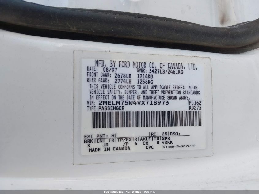 1997 Mercury Grand Marquis Ls VIN: 2MELM75W4VX718973 Lot: 43923136