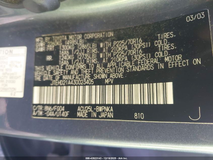 2003 Toyota Highlander VIN: JTEHD21A430023405 Lot: 43923143