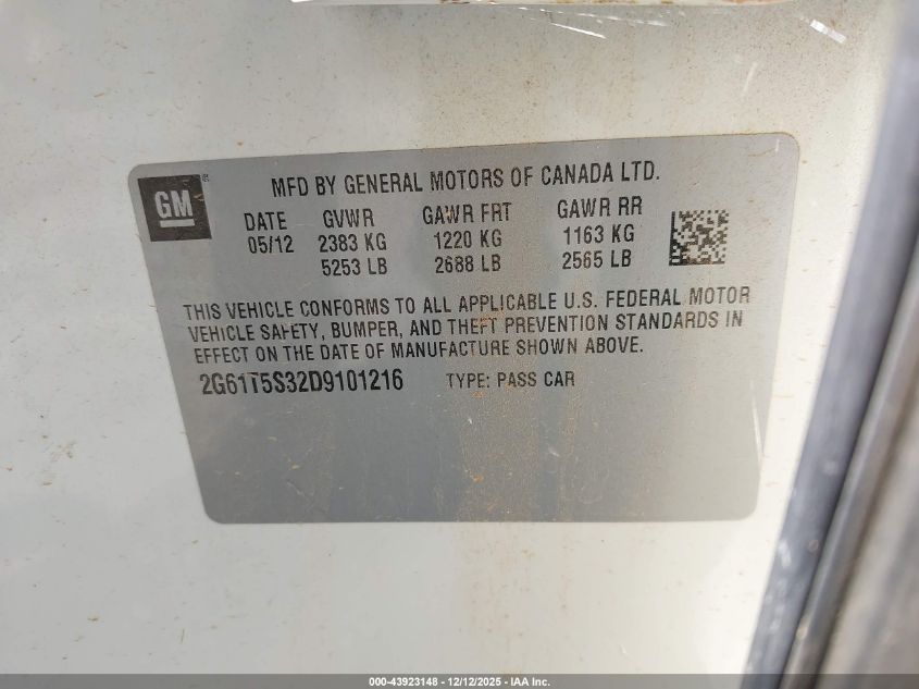 2013 Cadillac Xts Premium VIN: 2G61T5S32D9101216 Lot: 43923148