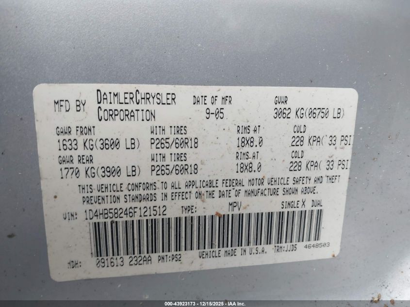 2006 Dodge Durango Limited VIN: 1D4HB58246F121512 Lot: 43923173