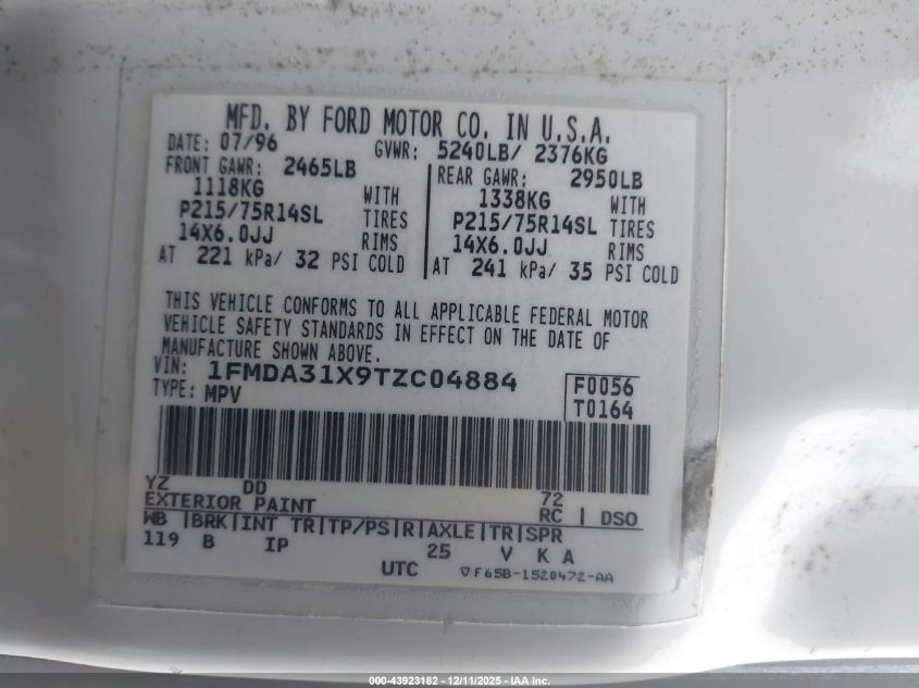 1996 Ford Aerostar VIN: 1FMDA31X9TZC04884 Lot: 43923182