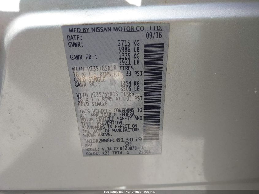 2017 Nissan Pathfinder Sl VIN: 5N1DR2MN8HC613059 Lot: 43923188