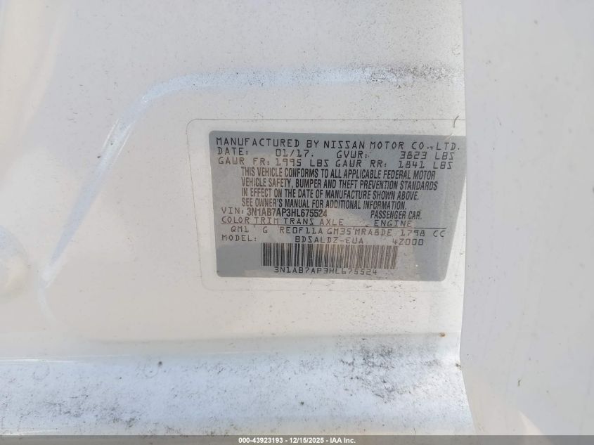 2017 Nissan Sentra Sv VIN: 3N1AB7AP3HL675524 Lot: 43923193
