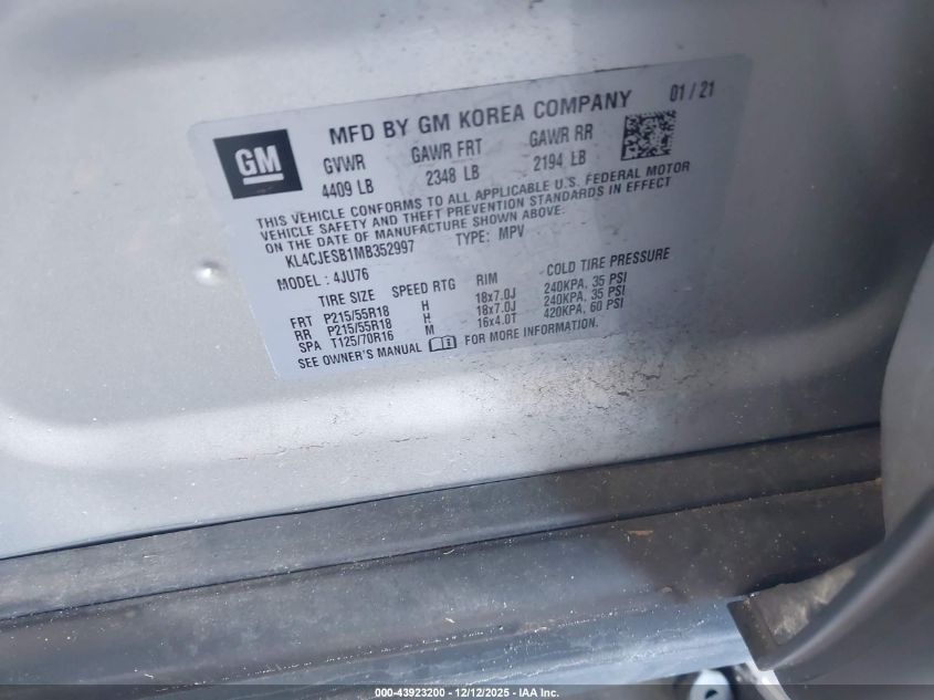 2021 Buick Encore Awd Preferred VIN: KL4CJESB1MB352997 Lot: 43923200