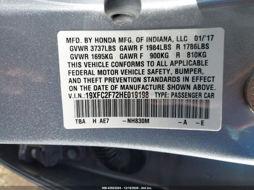 2017 Honda Civic Ex VIN: 19XFC2F72HE019198 Lot: 43923204
