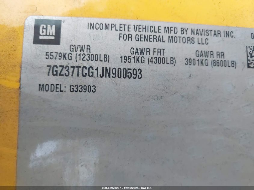 2018 GMC Savana Cutaway Work Van VIN: 7GZ37TCG1JN900593 Lot: 43923207