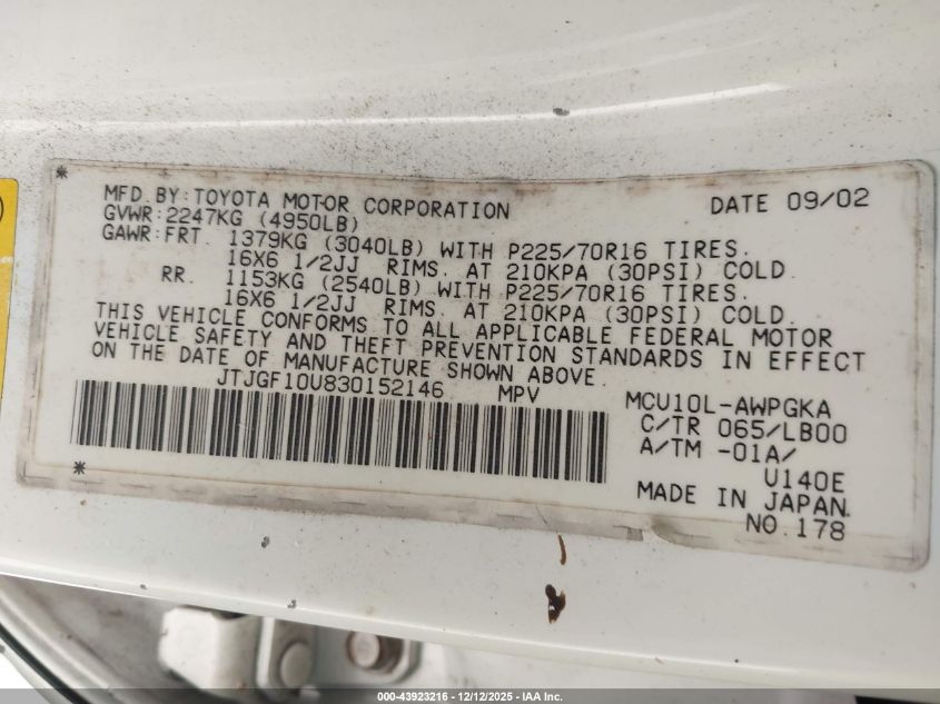 2003 Lexus Rx 300 VIN: JTJGF10U830152146 Lot: 43923216