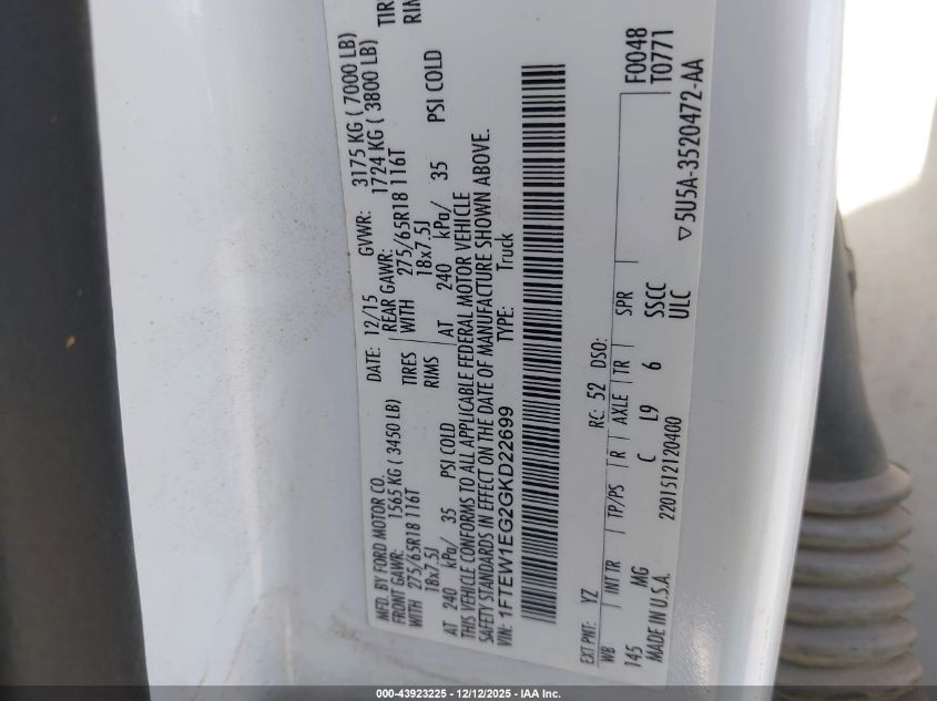 2016 Ford F-150 Xlt VIN: 1FTEW1EG2GKD22699 Lot: 43923225