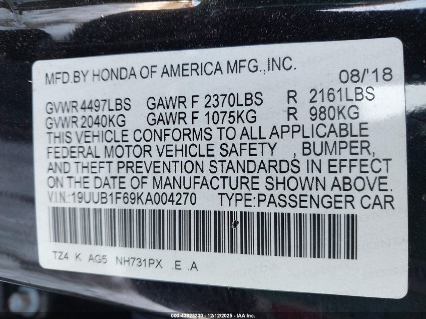 2019 Acura Tlx Tech A-Spec Pkgs VIN: 19UUB1F69KA004270 Lot: 43923230