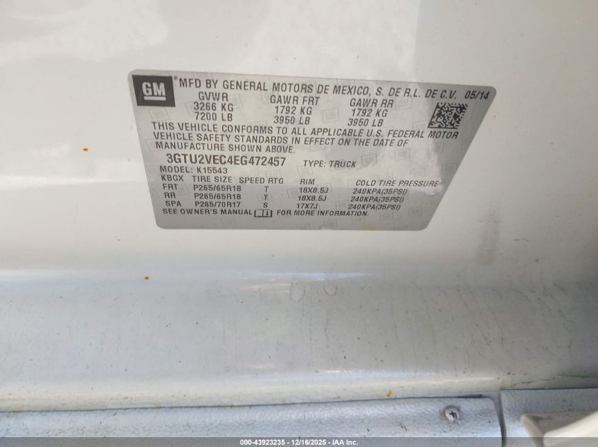 2014 GMC Sierra 1500 Slt VIN: 3GTU2VEC4EG472457 Lot: 43923235
