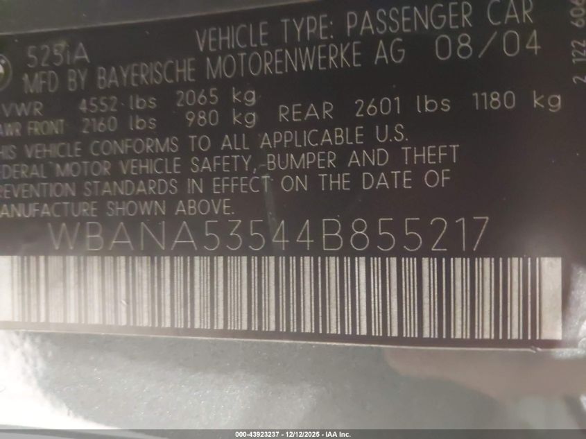 2004 BMW 525I VIN: WBANA53544B855217 Lot: 43923237
