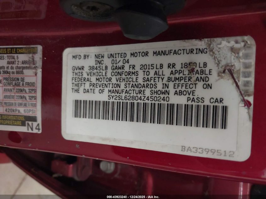 2004 Pontiac Vibe VIN: 5Y2SL62804Z450240 Lot: 43923240