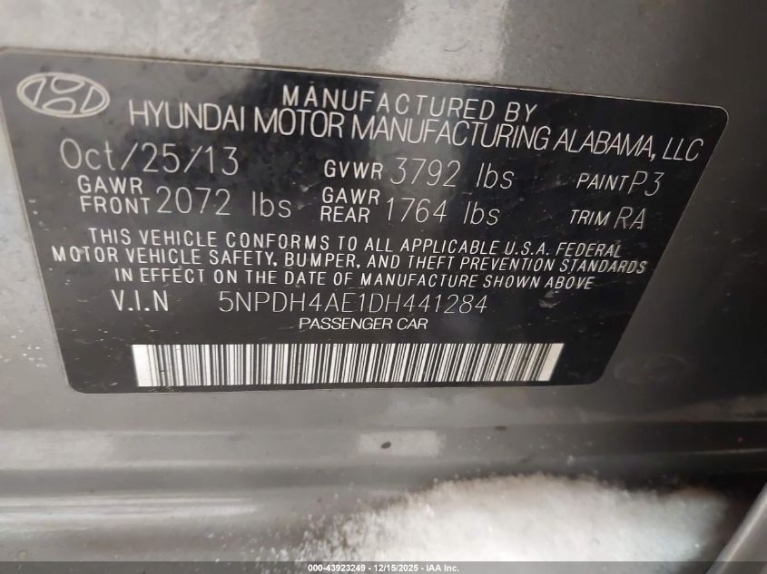 2013 Hyundai Elantra Gls VIN: 5NPDH4AE1DH441284 Lot: 43923249